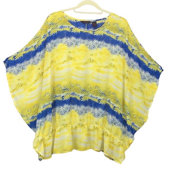Fucsia Poncho Top/Blouse Women's Size 3X Blue/Yellow Boho Flowy Sheer Colorful - Picture 5 of 7
